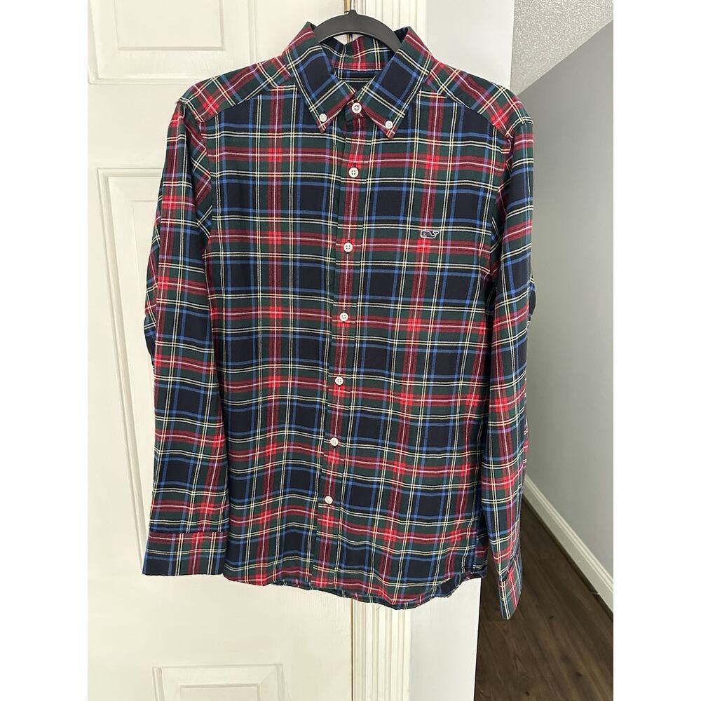 EUC Vineyard Vines Oxford Flannel Shirt Tartan Black Classic Fit Whale Sz XS Men